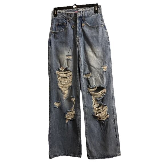 Edikted Blue Jeans Womens S 28”Waist ,29” Inseam ,Wide Leg Button Fly Distressed - Picture 1 of 16